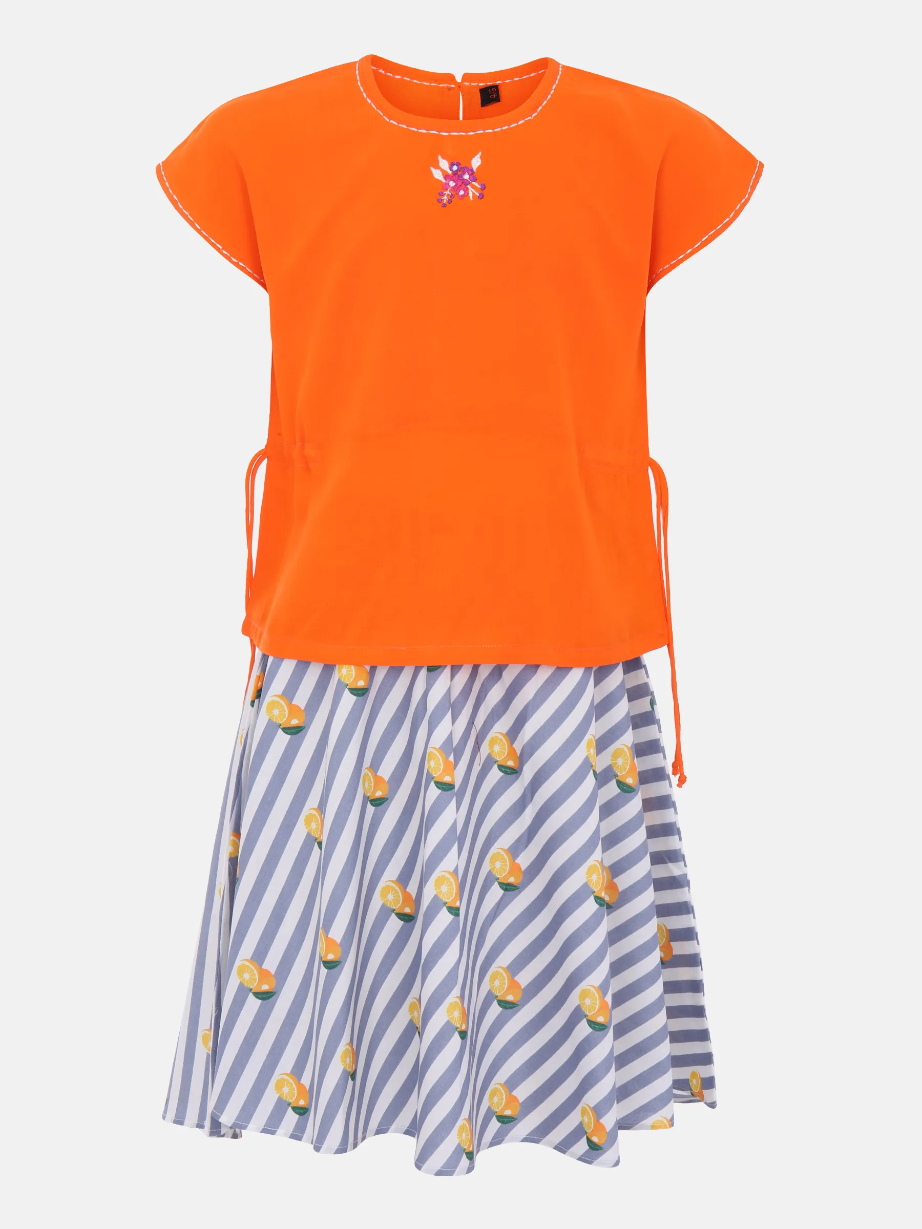 Fire Orange Printed and Embroidered Linen Skirt Top Set